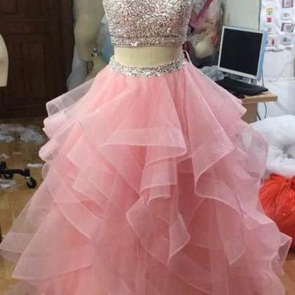 Pink 2 Piece Prom Dresses 2023 Tiered Tulle..