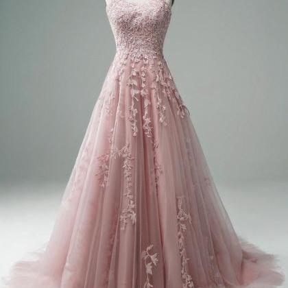Pink Prom Dresses 2023 Lace Applique A Line..