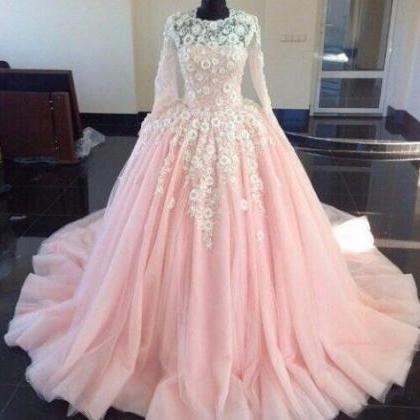 Long Sleeve Pink Prom Dresses 2023 Lace Applique..