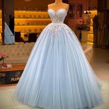 Blue Prom Dresses Ball Gown Sweetheart Neck Lace..