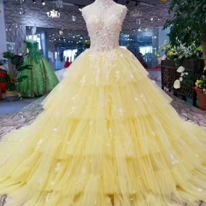 Vintage Yellow Prom Dresses Ball Gown Tiered Lace..