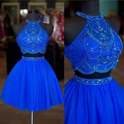 Short Homecoming Dresses Royal Blue Beaded 2 Piece..