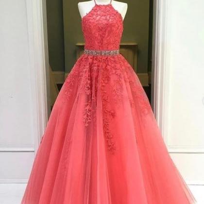 Halter Coral Prom Dresses 2023 Beaded Tulle..