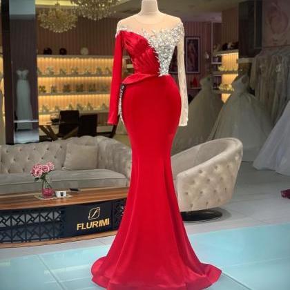 Long Sleeve Red Evening Dresses 2024 Beaded..