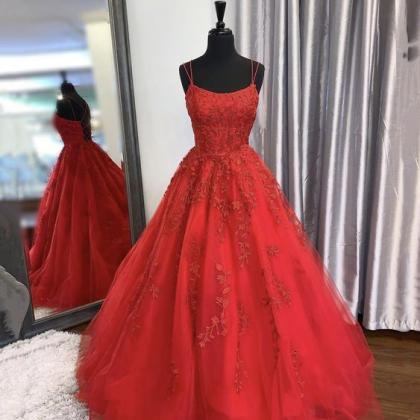 Red Prom Dresses Spaghetti Straps Lace Applique A..