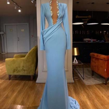 Long Sleeve Modest Evening Dresses 2023 Blue..