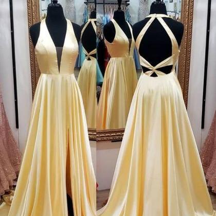 Yellow Prom Dresses 2023 Long Satin Halter A Line..
