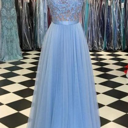 Blue Prom Dresses Long Lace Applique Tulle Cap..