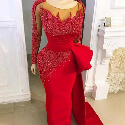 Long Sleeve Elegant Evening Dresses 2023 Red Lace..