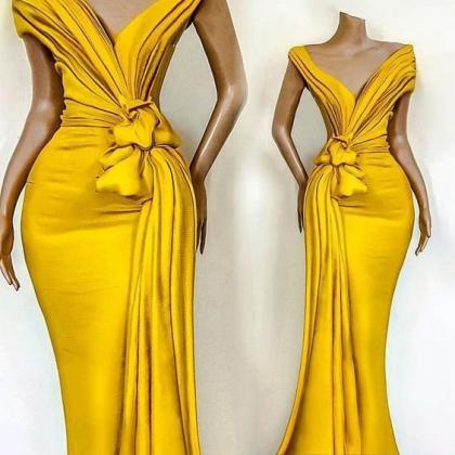 Simple Yellow Evening Dresses Long 2023 V Neck..