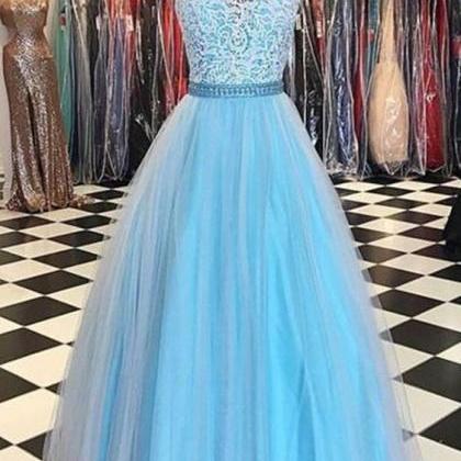 O Neck Blue Prom Dresses Long A-line Beaded Lace..