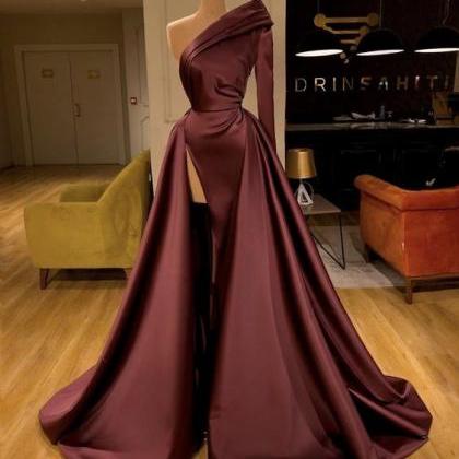 One Shoulder Burgundy Prom Dresses Long Sleeve..