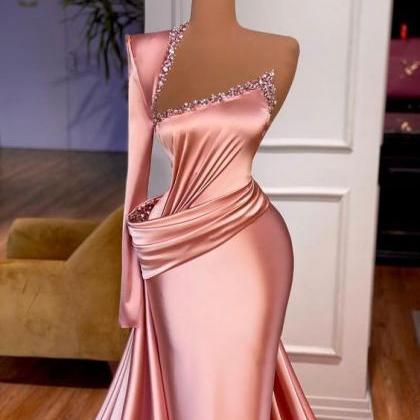 Pink Evening Dresses Long One Shoulder Modest..