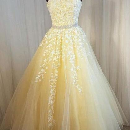 Strapless Yellow Prom Dresses Long Tulle Lace..