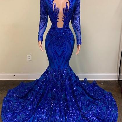 Luxury Royal Blue Evening Dresses Long Sleeve..