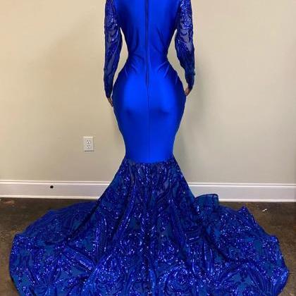 Luxury Royal Blue Evening Dresses Long Sleeve..