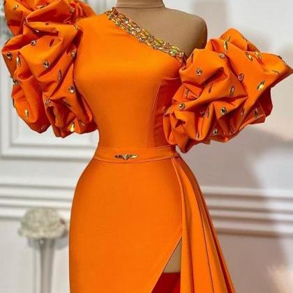 One Shoulder Unique Evening Dresses Long Orange..