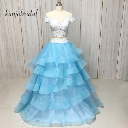 Short Sleeve Blue 2 Piece Prom Dresses Vestido De..