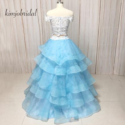 Short Sleeve Blue 2 Piece Prom Dresses Vestido De..