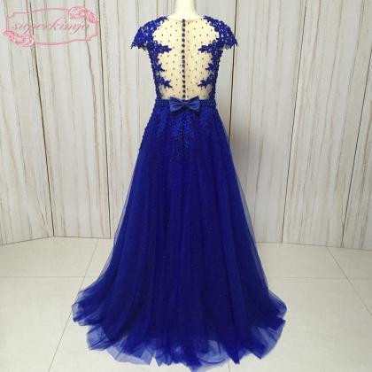 Royal Blue Lace Applique Prom Dresses Long A Line..