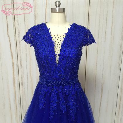 Royal Blue Lace Applique Prom Dresses Long A Line..