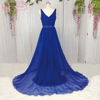 Royal Blue Chiffon Bridesmaid Dresses Long V Neck..