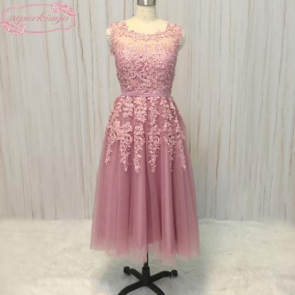 Tea Length Pink Prom Dresses 2023 Lace Applique..
