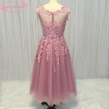Tea Length Pink Prom Dresses 2023 Lace Applique..