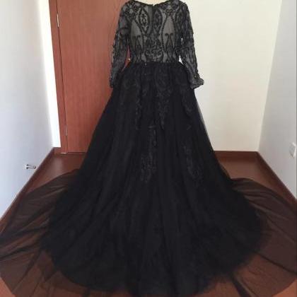 Black Prom Dresses Long Sleeve V Neck Vintage Lace..