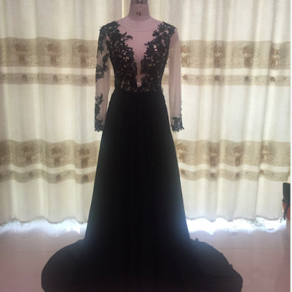 Black Prom Dresses Long Sleeve V Neck Chiffon..