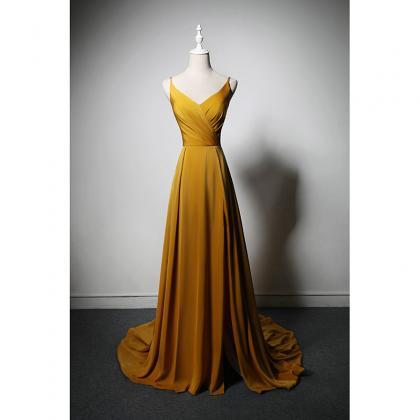 Simple Prom Dresses 2023 V Neck Long Yellow Satin..