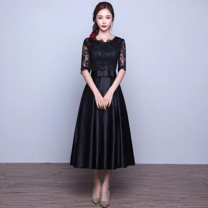 Black Vintage Prom Dresses Satin Ankle Length Lace..