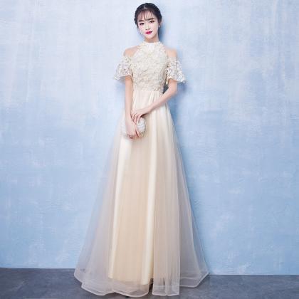 High Neck Champagne Prom Dresses Long Tulle Simple..