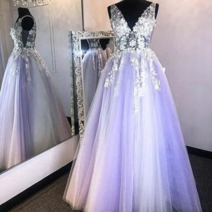 V Neck Purple Prom Dresses Long Tulle A Line Lace..