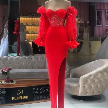 Red Beaded Evening Dresses Long Sleeve Off The..