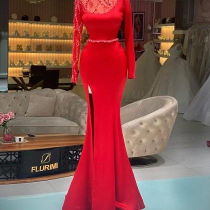 Red Evening Dresses Long Sleeve High Neck Beaded..