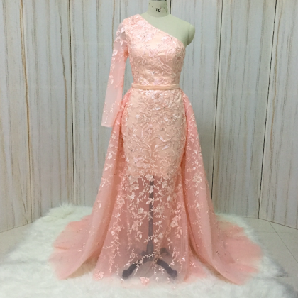 Pink Lace Applique Prom Dresses With Overskirt One..