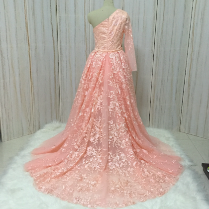 Pink Lace Applique Prom Dresses With Overskirt One..
