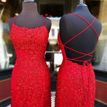 Red Evening Dresses Short Lace Applique Mermaid..