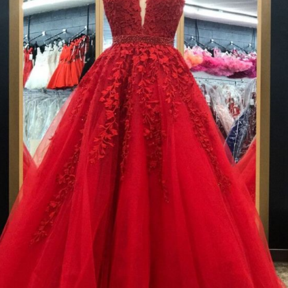 Lace Applique Prom Dresses Long Tulle A Line Red..