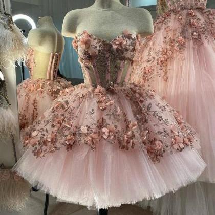 Pink Prom Dresses Short Tulle Lace Applique 3d..