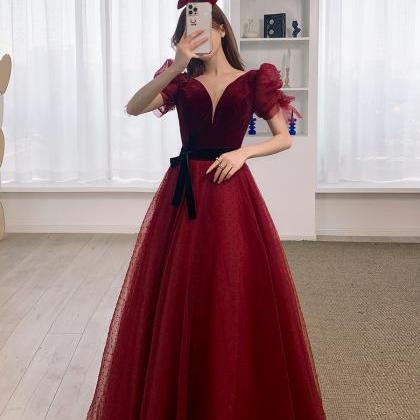 Burgundy Prom Dresses Long Sleeve A Line Tulle..