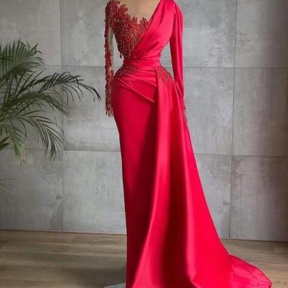 Long Sleeve Red Evening Dresses 2023 Elegant Lace..