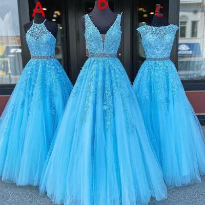 Blue Lace Applique Prom Dresses 2023 Lace Applique..