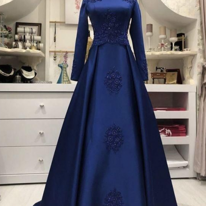 Navy Blue Prom Dresses Vintage Lace Applique..