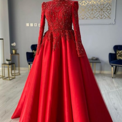 High Neck Red Prom Dresses Long Sleeve Lace..