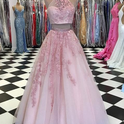 2 Piece Prom Dresses High Neck Lace Applique..