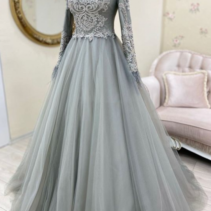 Lace Applique Vintage Prom Dresses Long Sleeve..