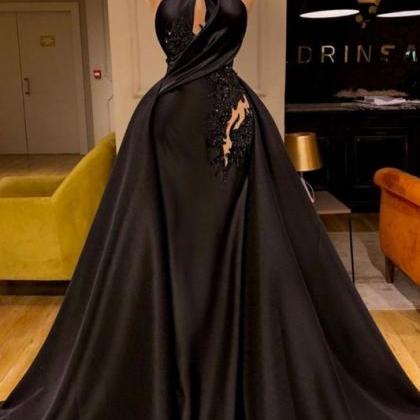 Black Prom Dresses Long Satin Beaded Elegant..