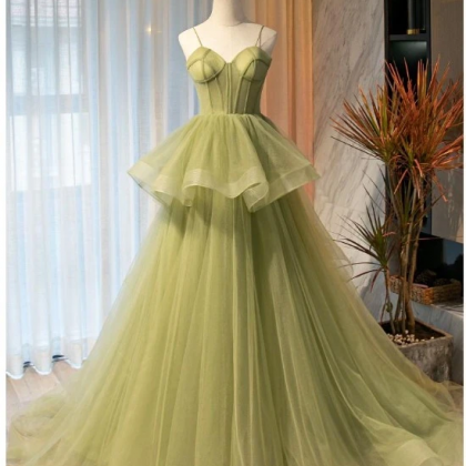 Green Tulle Prom Dresses Long Spaghetti Strap..